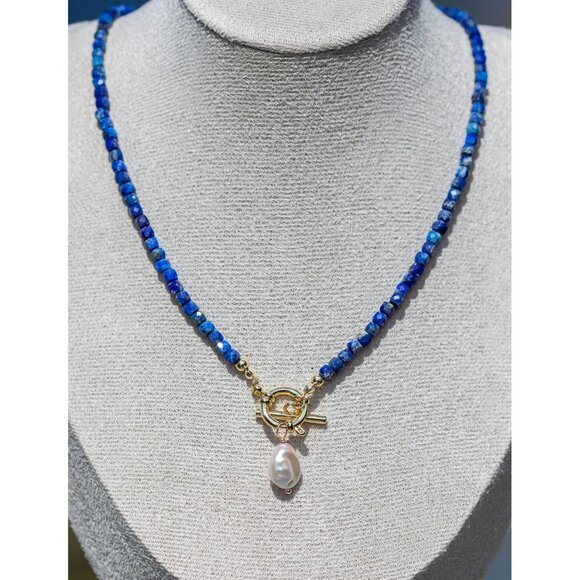 Blue and Gold Beaded Necklace with Pearl Pendant - Picture 8 of 10